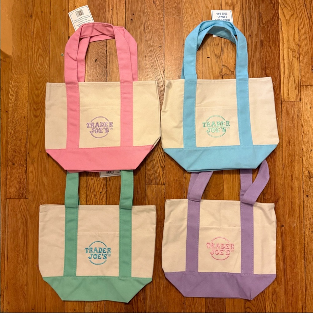 NWT Trader Joe’s Mini Canvas Tote Bag Set of 4 - Pink, Blue, Green, Purple